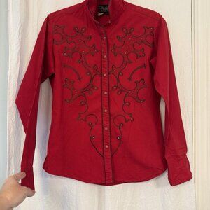 Cattlelac Ranch Women’s Embroidered Western Rodeo Pearl Snap Red Top Medium